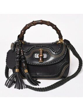 Gucci New Bamboo Leather 2-Way Giannini Wood Handle Shoulder Bag Gold